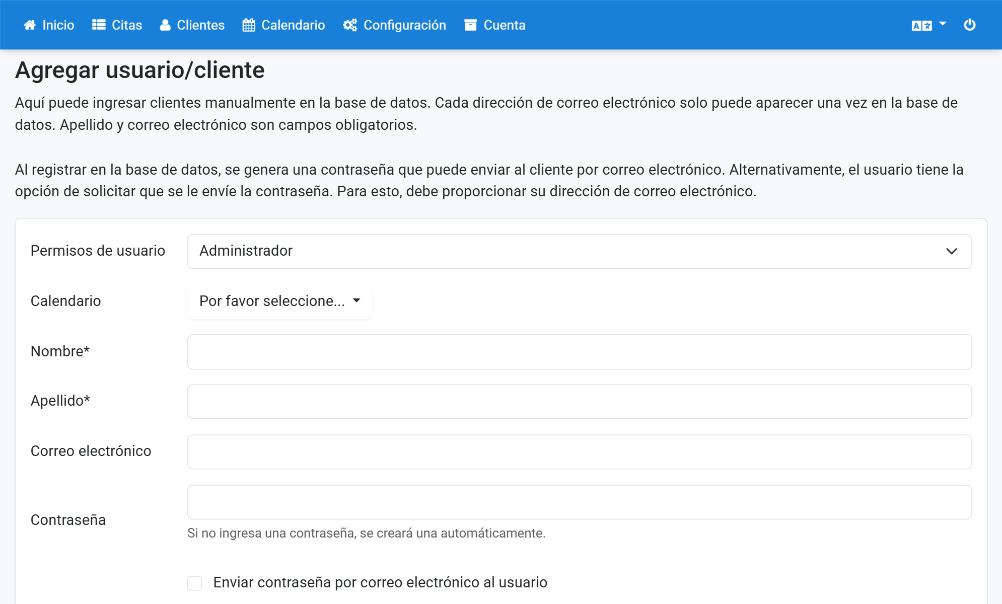 Seleccione Administrador en Permisos de usuario