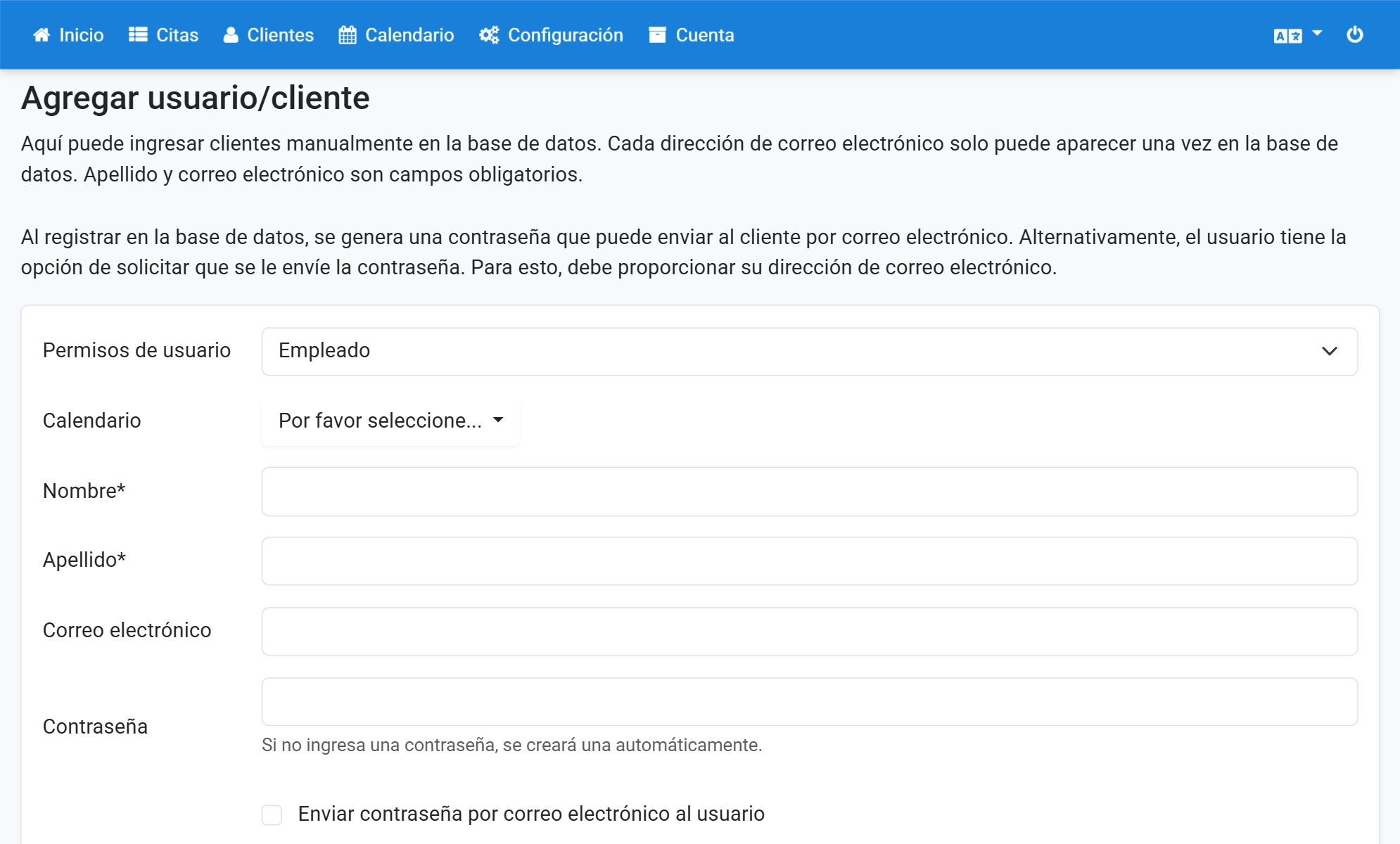 Seleccione Empleado en Permisos de usuario