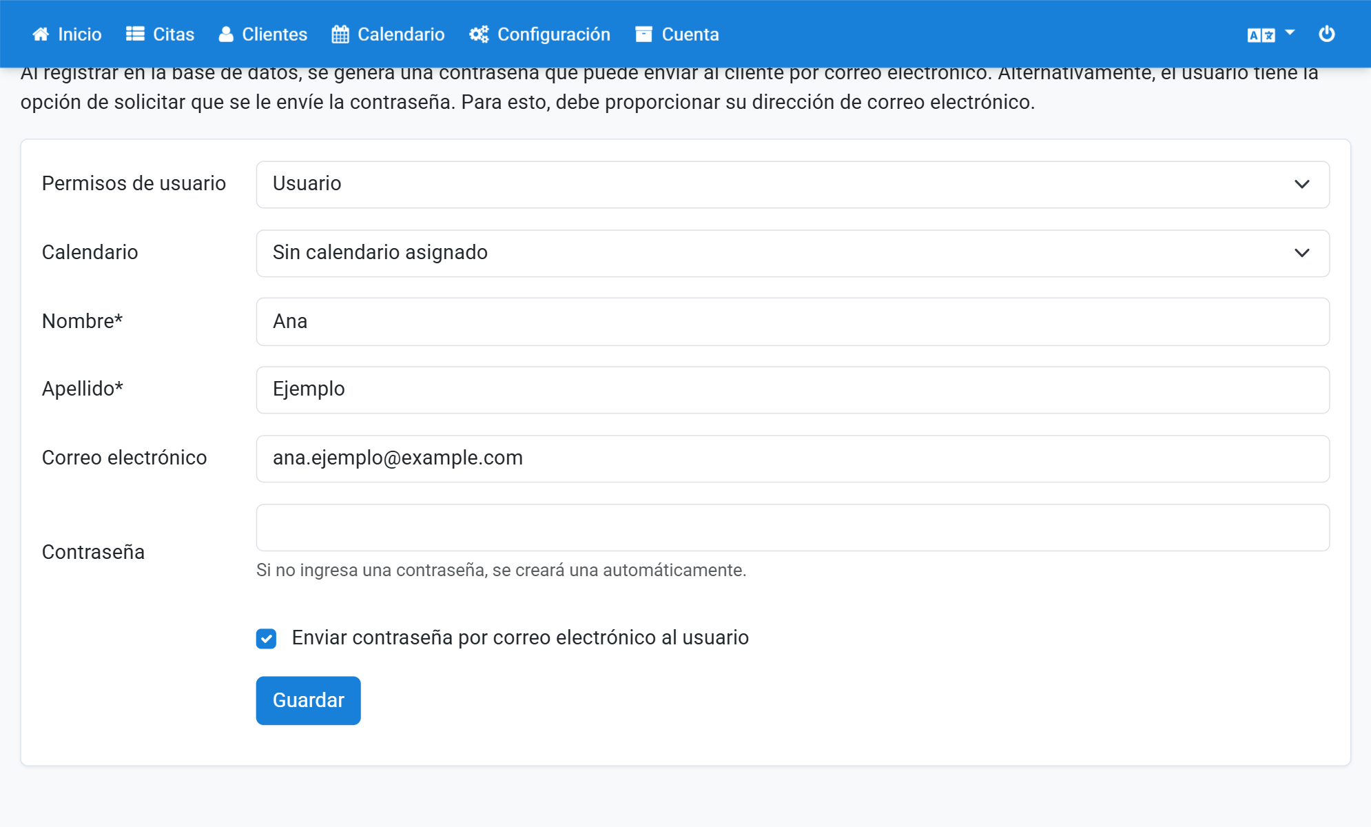 Marque la casilla si desea enviar la contraseña al cliente