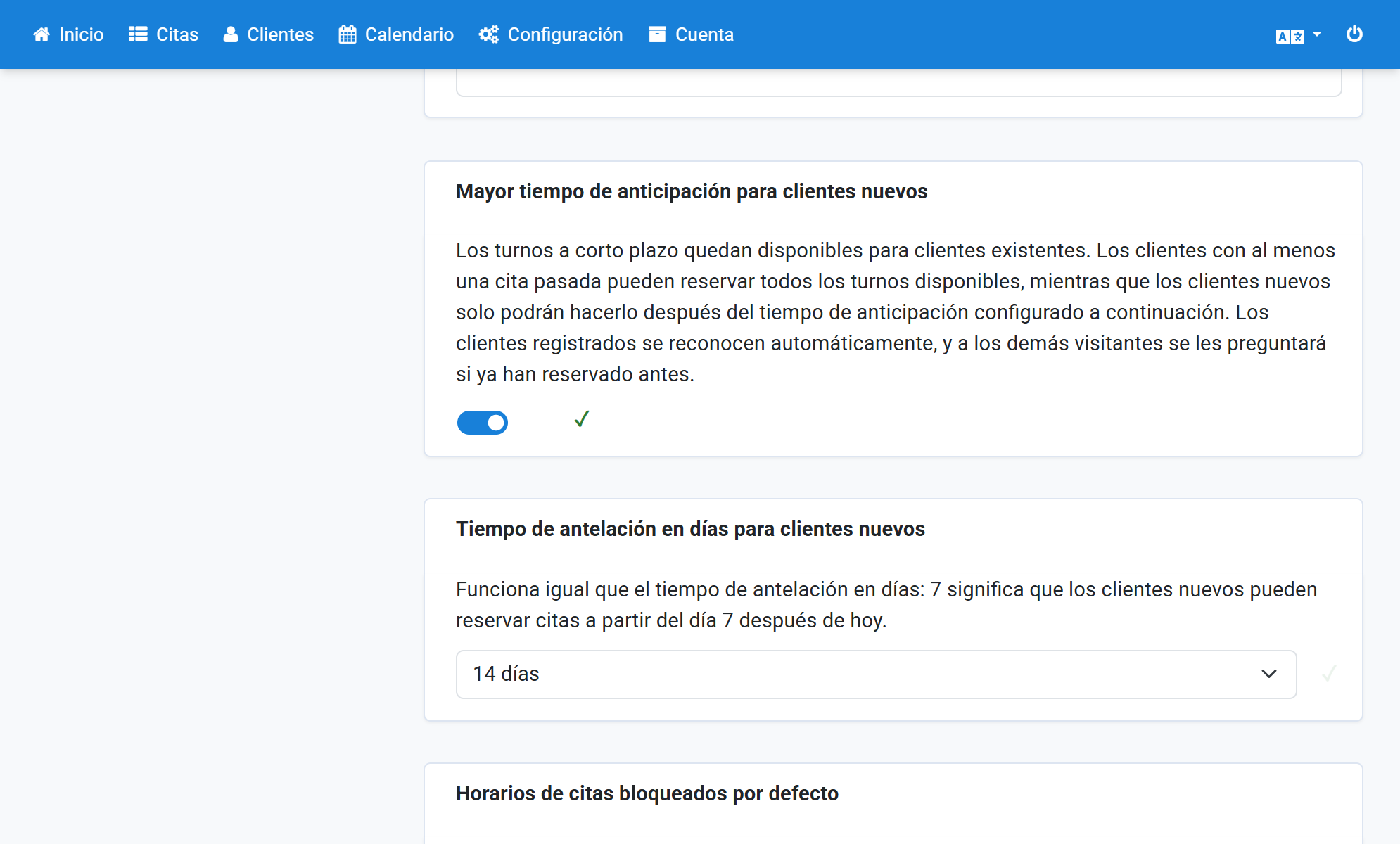 Seleccione 14 días en la antelación para clientes nuevos