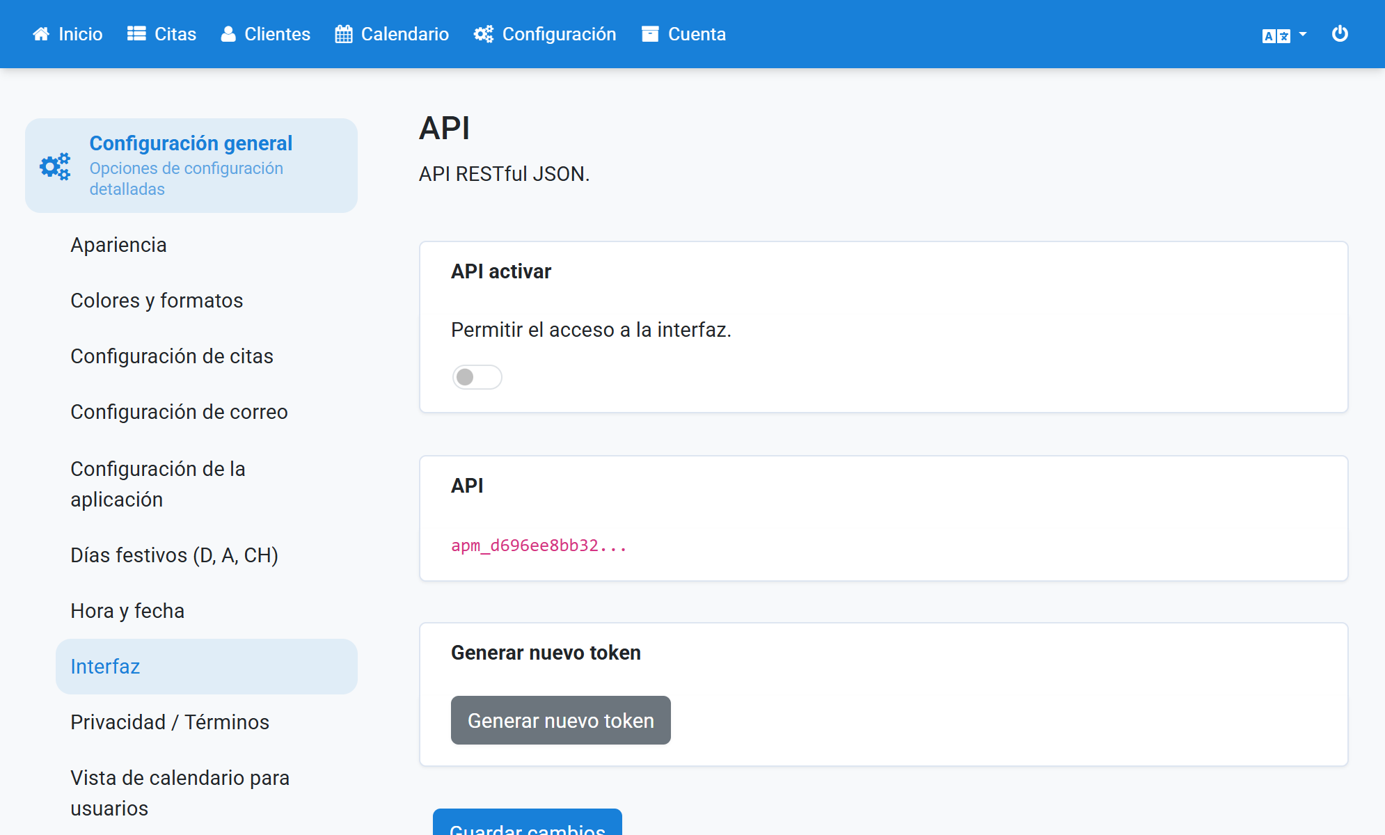 Active API activar. El cambio se guarda inmediatamente