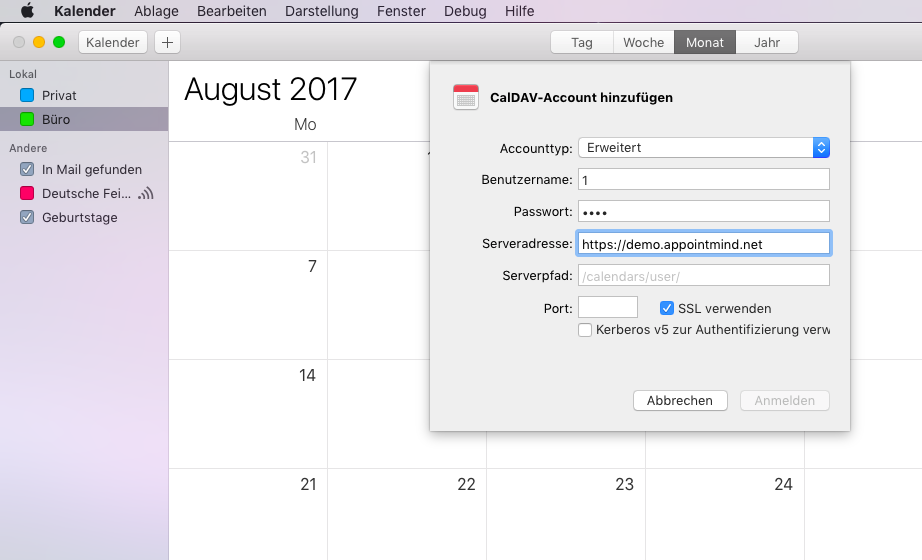 Pegue la dirección del servidor en el Calendario de Apple