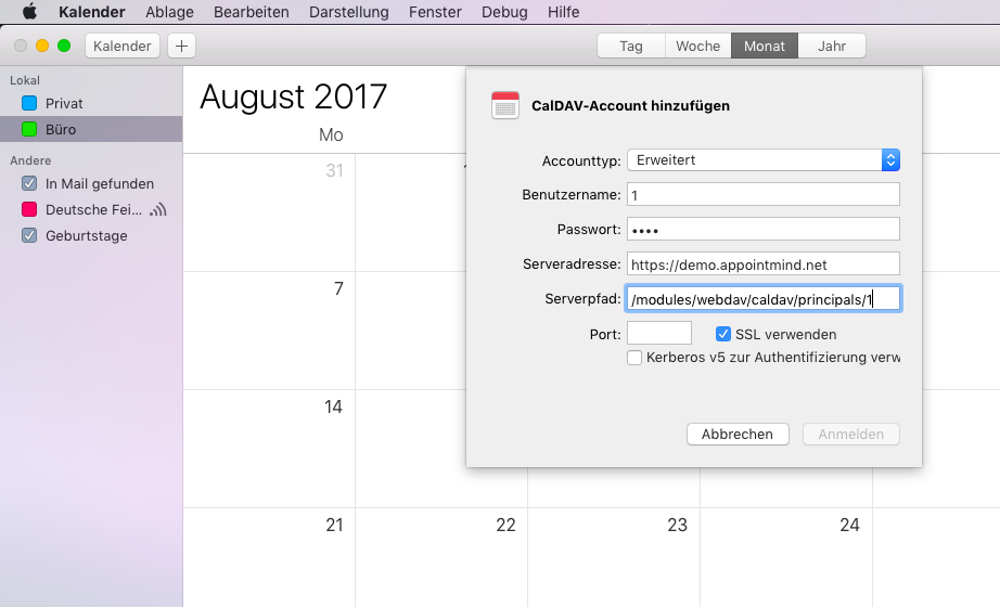 Pegue la ruta del servidor en el Calendario de Apple