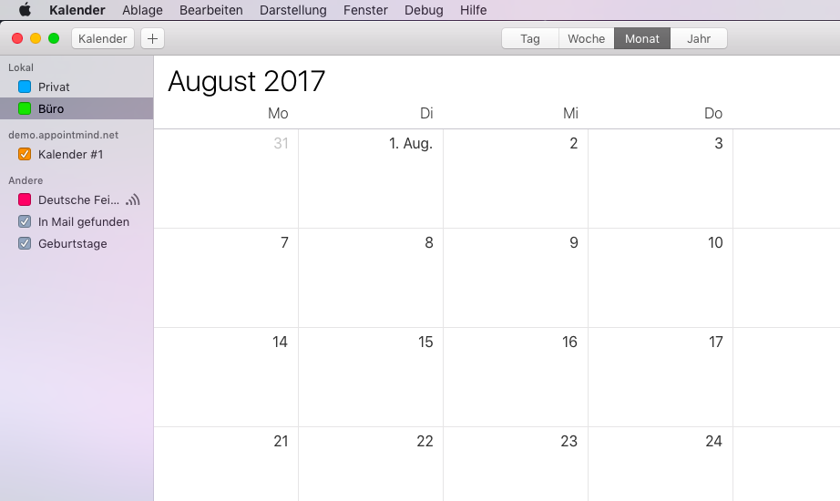 Si la conexión se ha realizado correctamente, el calendario de Appointmind aparece en la barra lateral