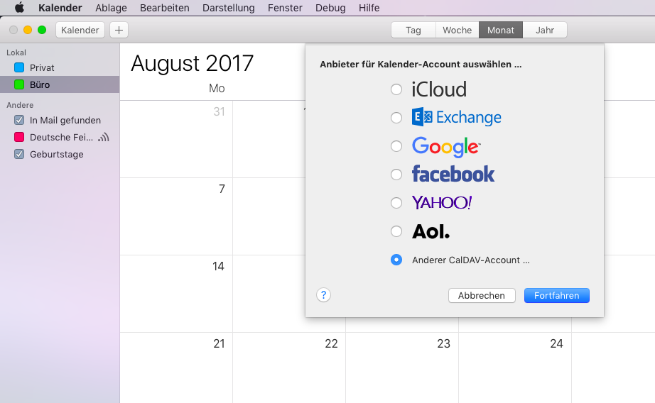 Seleccione Otra cuenta CalDAV y haga clic en Continuar