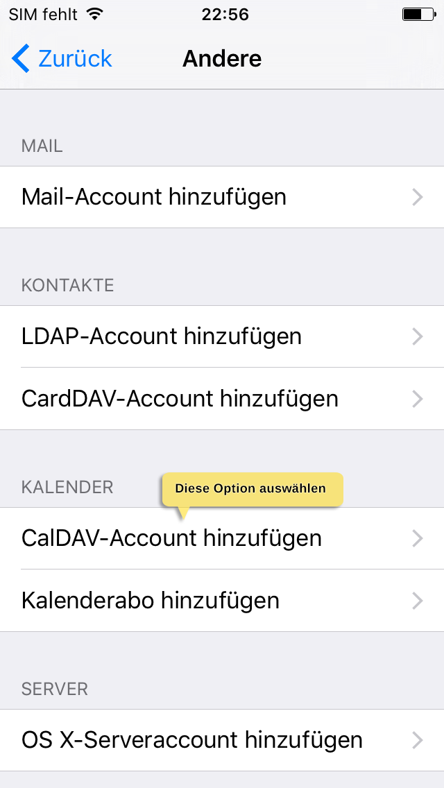 Seleccione Añadir cuenta CalDAV