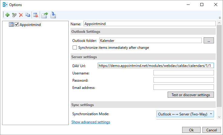 Pegue la URL en DAV Url en Outlook