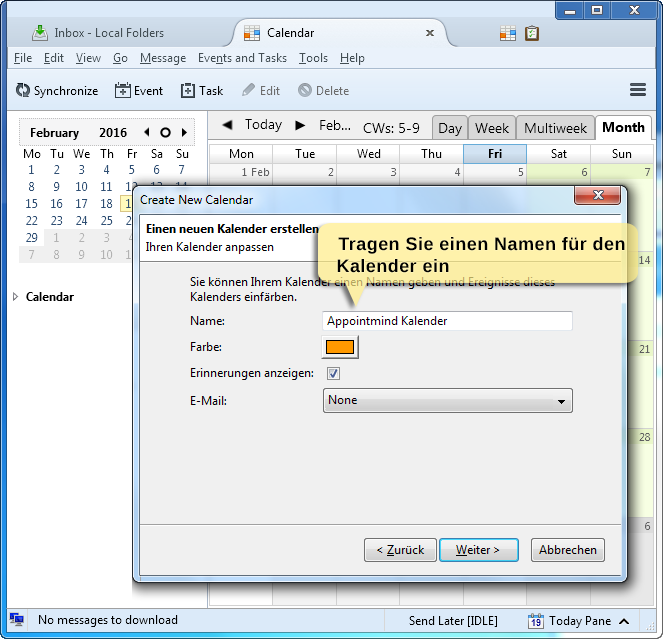 4. Seleccione CalDAV como formato e introduzca la URL del calendario en Dirección