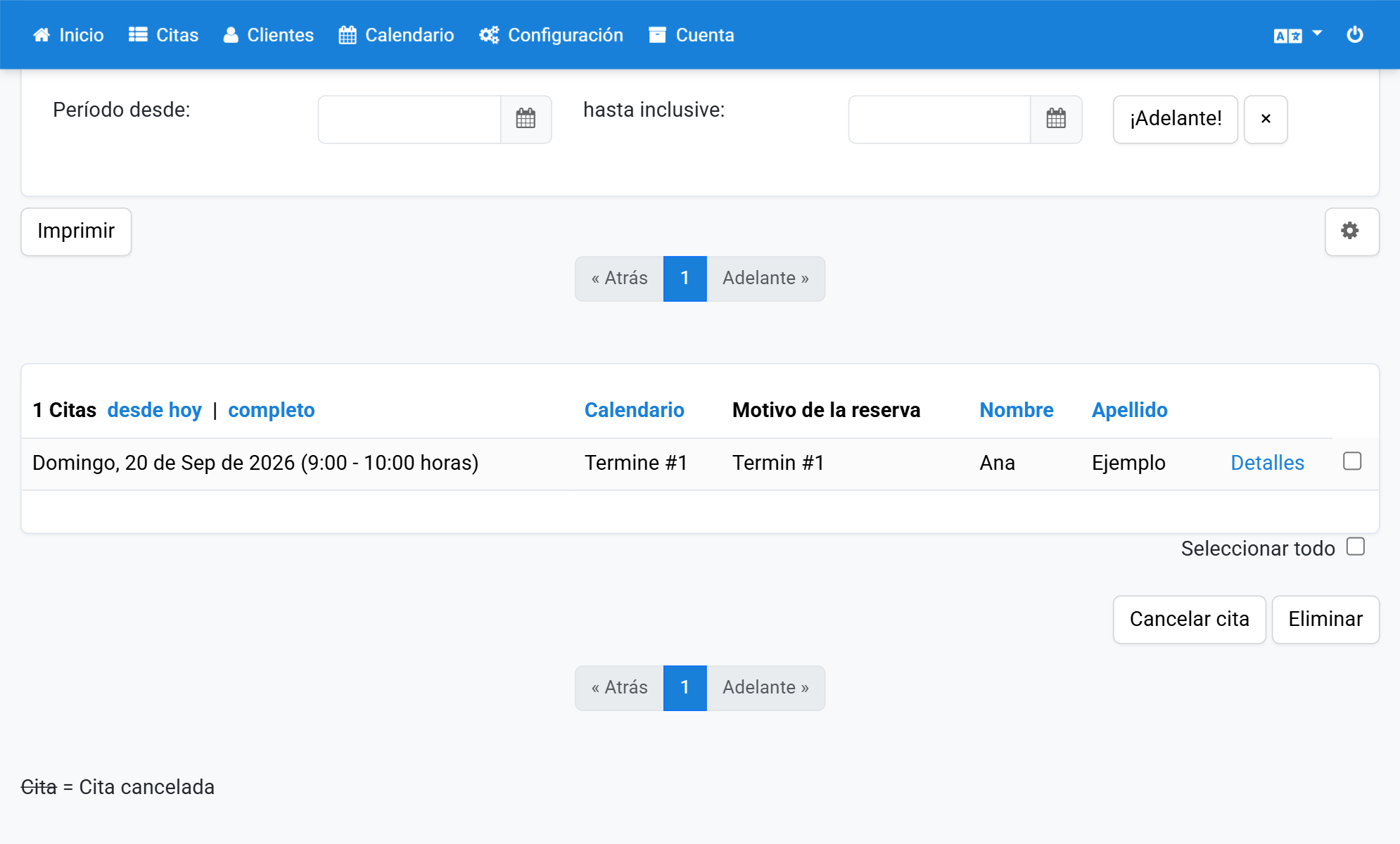 Busque la cita en la lista y haga clic en Detalles