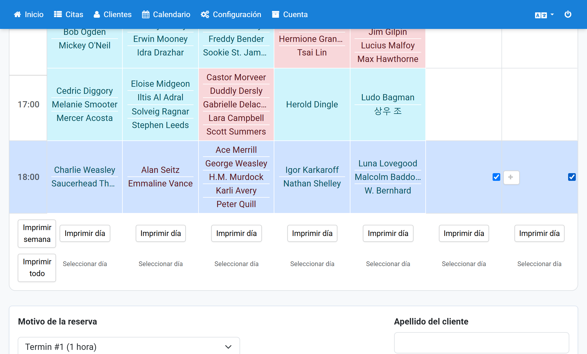 Seleccione los horarios de cita deseados