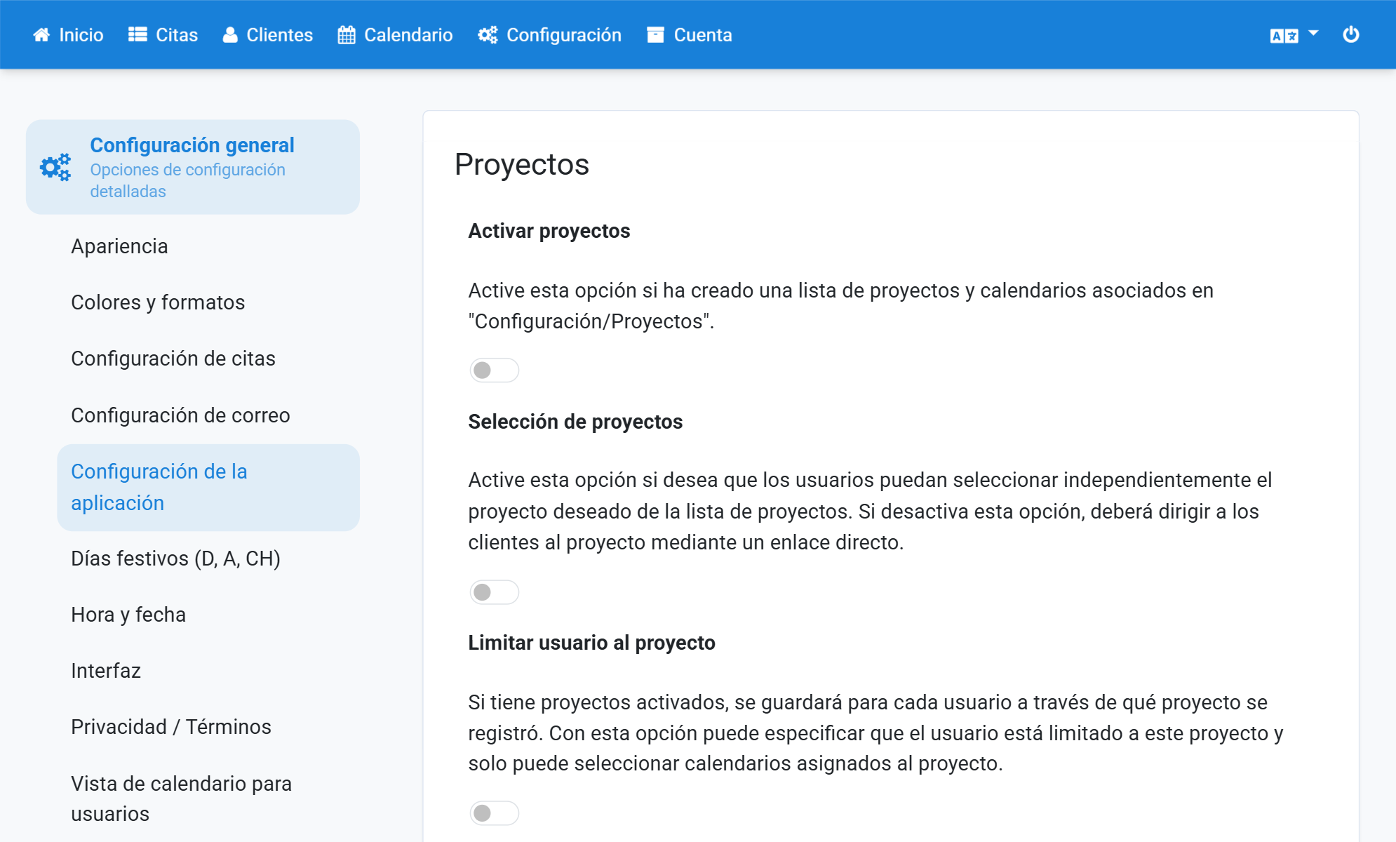 Active Activar proyectos y Selección de proyectos