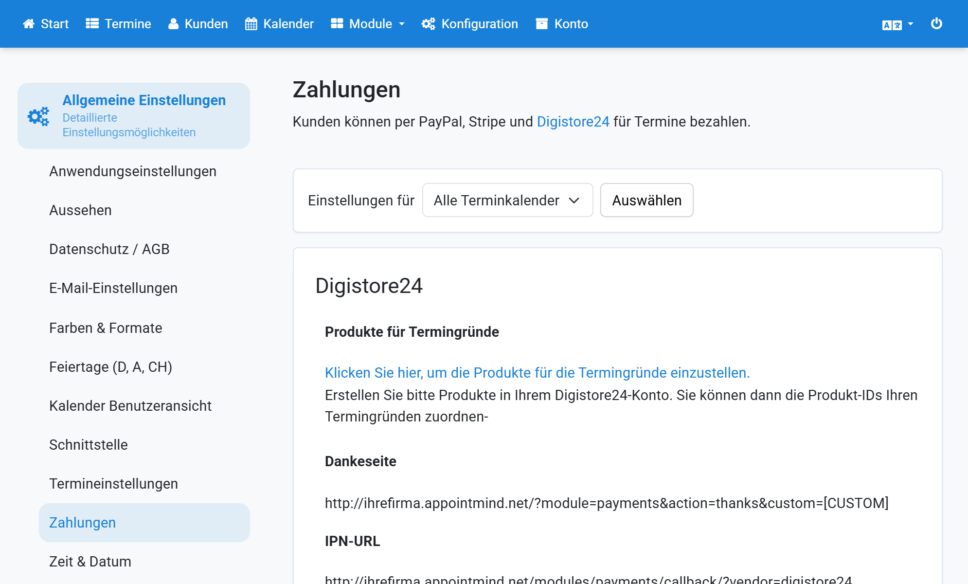 Inicie sesión en Appointmind y abra Configuración / Configuración general / Pagos