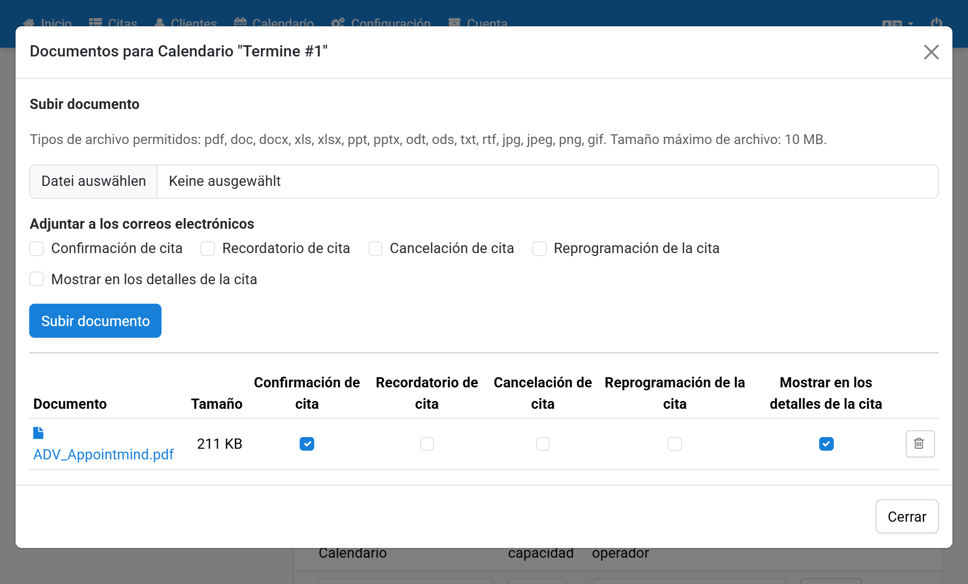 El documento aparece en la lista. Puede cambiar las opciones en cualquier momento. Los cambios se guardan inmediatamente