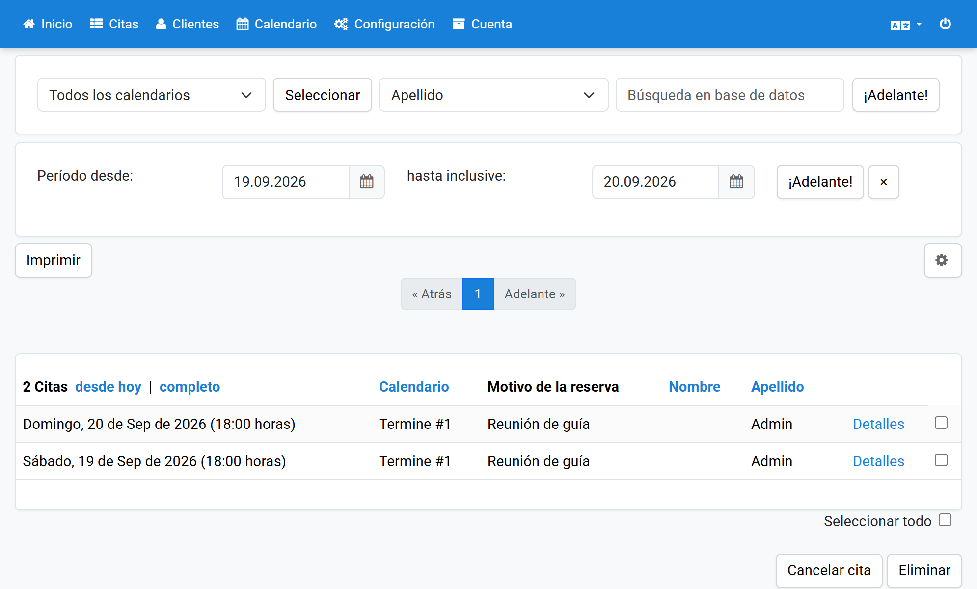 Las citas administrativas aparecen con su motivo
