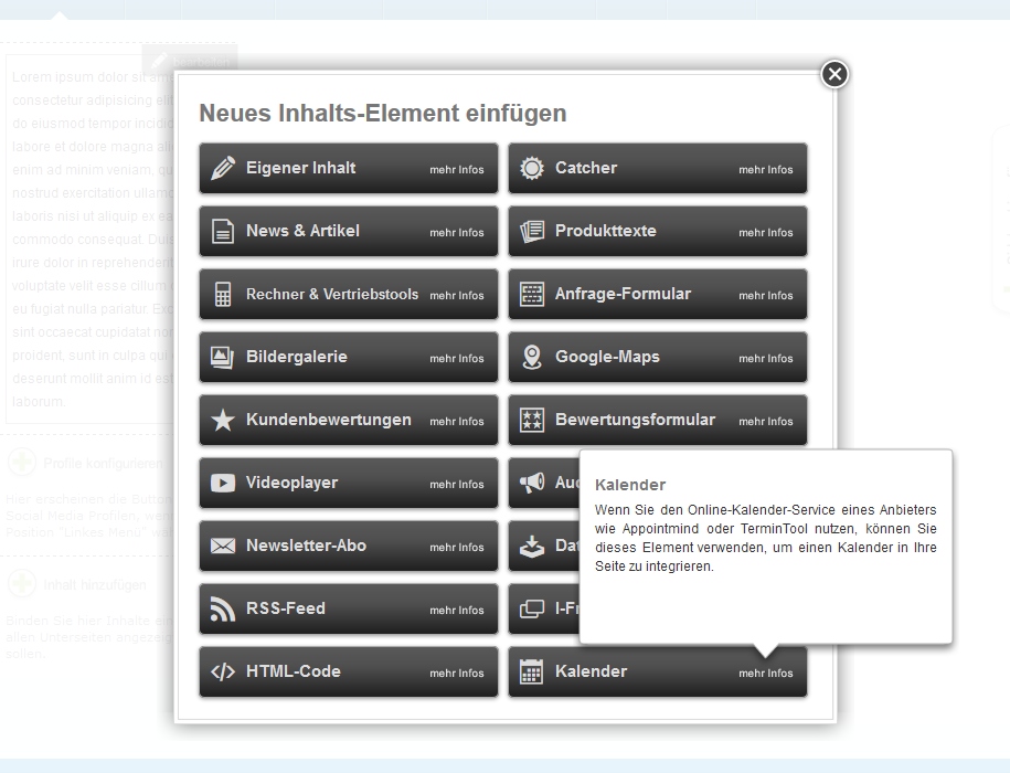 Seleccione Kalender como elemento de contenido