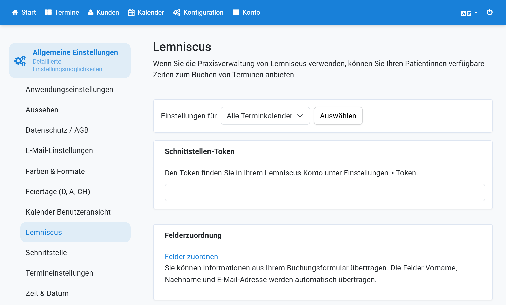 Seleccione Lemniscus en la configuración general de Appointmind