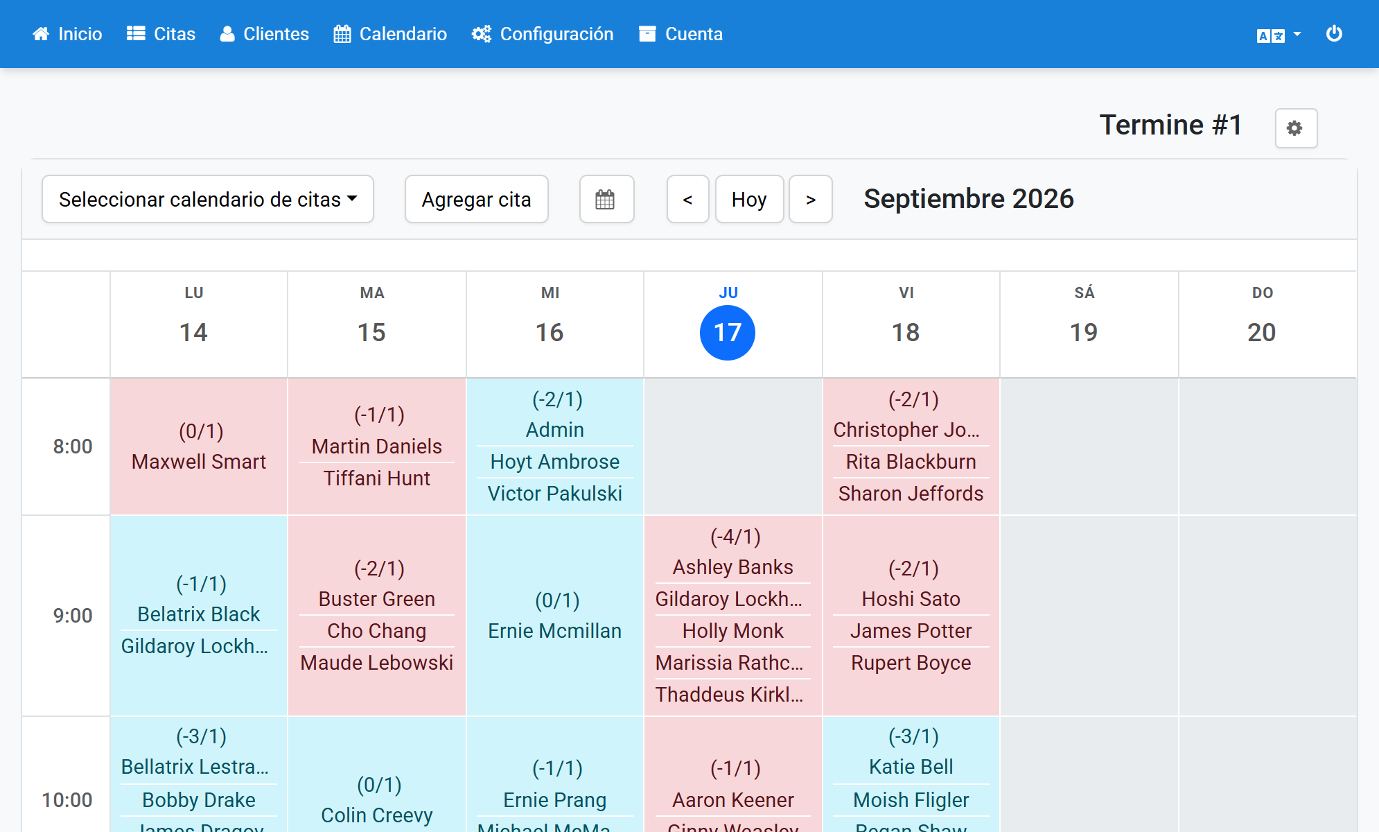 Los horarios liberados aparecen con otro color en el calendario