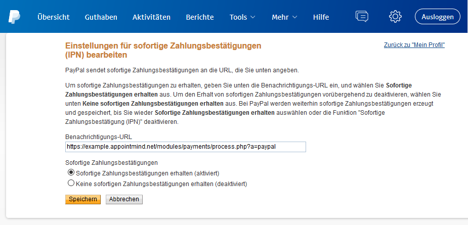 Pegue la URL de notificación en PayPal