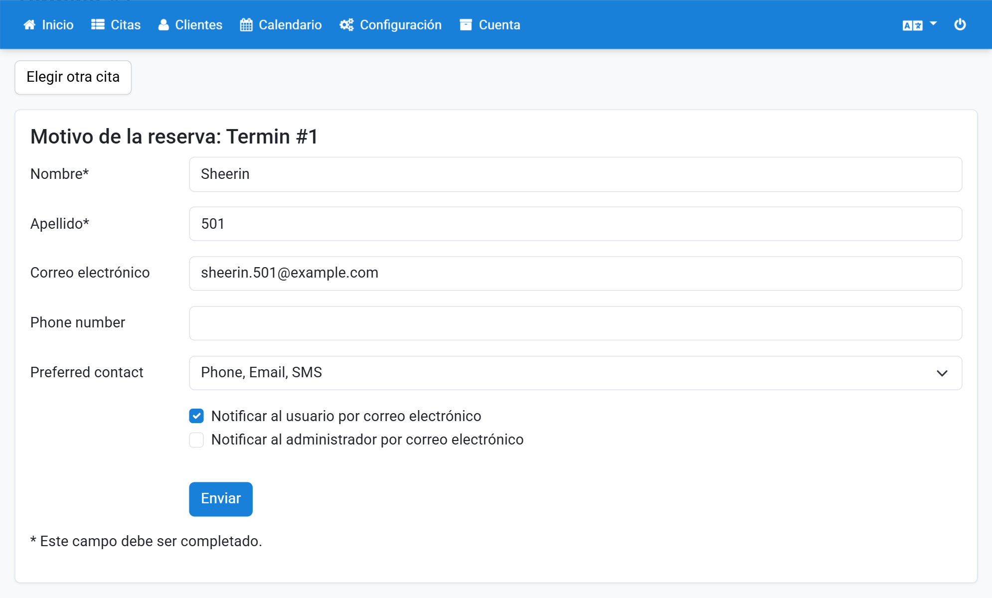 Elija quién debe recibir la notificación de la cita