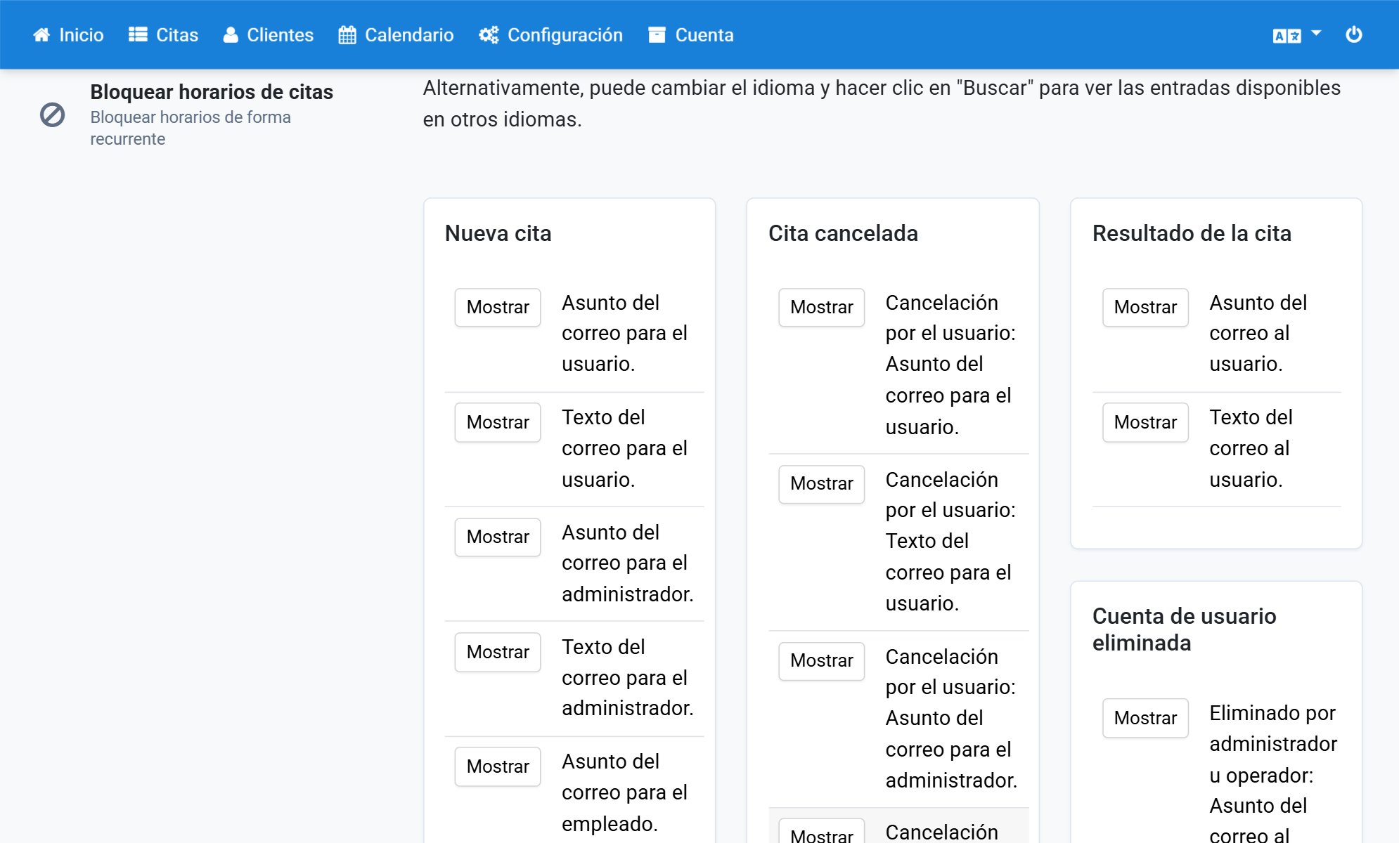 En Texto del correo para el usuario, haga clic en Mostrar