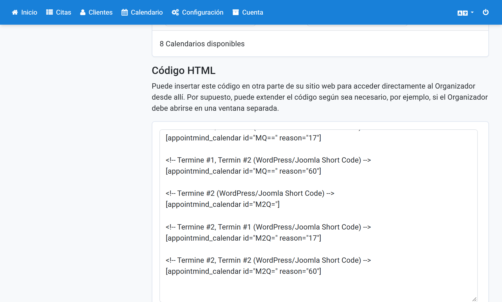 En Configuración/Calendario de citas de Appointmind, seleccione y copie el shortcode de su calendario